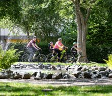 Eine Familie fährt Rad entlang der Diemel in Willingen-Usseln