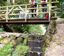 Eine Familie steht auf einer kleinen Brücke und sieht auf die unter ihr fließenden Diemel