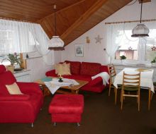 rote Couchgarnitur im Ferienhaus am Lohwald in Willingen-Usseln